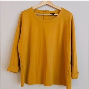 J JILL M Mustard Wearever Knit Blouse Fold Over 3/4 Cuff Slub Blouse